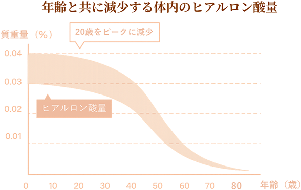 年齢と共に減少する体内のヒアルロン酸量